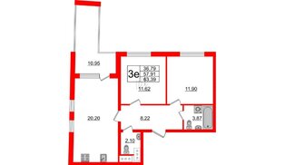Квартира в ЖК 'Морская набережная', 2 комнатная, 63.39 м², 7 этаж