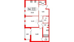 Квартира в ЖК Созидатели, 2 комнатная, 78.3 м², 6 этаж