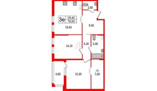 Квартира в ЖК Созидатели, 2 комнатная, 78.6 м², 7 этаж