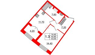 Квартира в ЖК Grand View, 1 комнатная, 40.9 м², 6 этаж