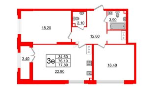 Квартира в ЖК Цивилизация на Неве, 2 комнатная, 77.8 м², 18 этаж