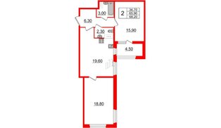 Квартира в ЖК 'Домино', 2 комнатная, 68.2 м², 4 этаж