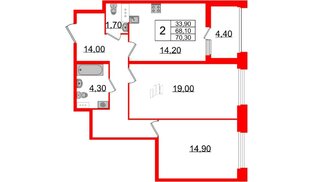 Квартира в ЖК 'Домино', 2 комнатная, 70.5 м², 8 этаж