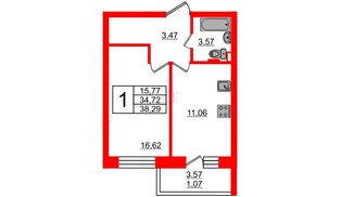 Квартира в ЖК 'ЦДС Московский', 1 комнатная, 34.7 м², 2 этаж