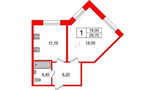 Квартира в ЖК Ласточкино гнездо, 1 комнатная, 39.7 м², 1 этаж