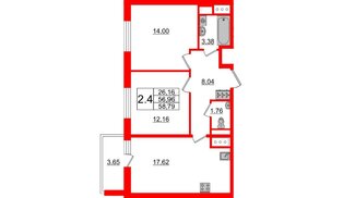 Квартира в ЖК «Чистое небо», 2 комнатная, 56.96 м², 3 этаж