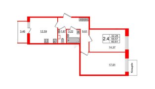 Квартира в ЖК Панорама парк Сосновка, 2 комнатная, 59.57 м², 1 этаж
