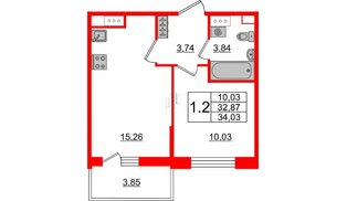 Квартира в ЖК Панорама парк Сосновка, 1 комнатная, 32.87 м², 4 этаж