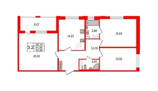 Квартира в ЖК Панорама парк Сосновка, 3 комнатная, 89.6 м², 12 этаж