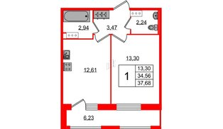 Квартира в ЖК FoRest Akvilon, 1 комнатная, 37.68 м², 9 этаж
