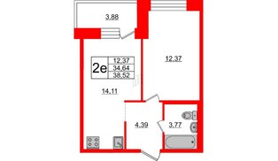 Квартира в ЖК «Северный», 1 комнатная, 34.64 м², 17 этаж