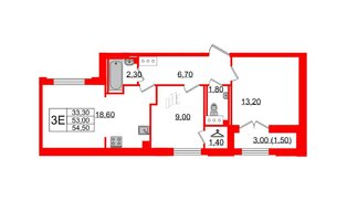 Квартира в ЖК Цивилизация на Неве, 2 комнатная, 54.5 м², 9 этаж