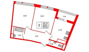 Квартира в ЖК «Нью Тайм», 2 комнатная, 57.6 м², 6 этаж