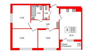 Квартира в ЖК Стерео-3, 3 комнатная, 72.13 м², 9 этаж