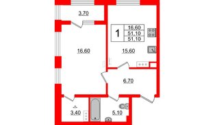 Квартира в ЖК 'Галактика', 1 комнатная, 51.1 м², 12 этаж
