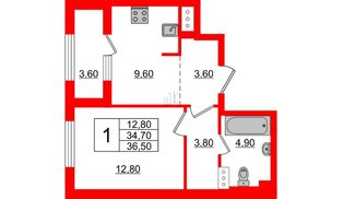 Квартира в ЖК 'Галактика', 1 комнатная, 36.5 м², 4 этаж