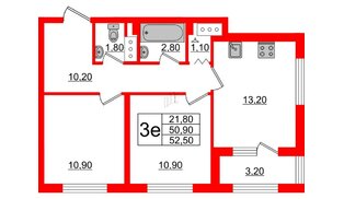 Квартира в ЖК 'Галактика', 2 комнатная, 52.5 м², 13 этаж