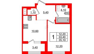 Квартира в ЖК 'Галактика', 1 комнатная, 35.1 м², 13 этаж