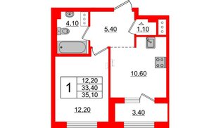 Квартира в ЖК 'Галактика', 1 комнатная, 35.1 м², 9 этаж
