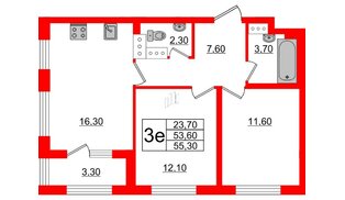 Квартира в ЖК 'Галактика', 2 комнатная, 55.3 м², 11 этаж