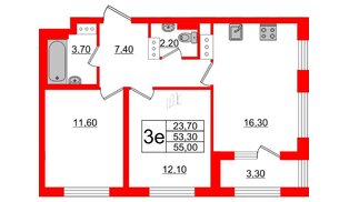 Квартира в ЖК 'Галактика', 2 комнатная, 54.9 м², 12 этаж