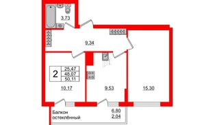 Квартира в ЖК Стерео-3, 2 комнатная, 50.11 м², 12 этаж
