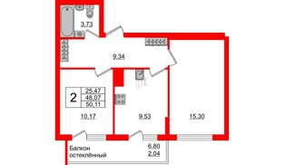 Квартира в ЖК Стерео-3, 2 комнатная, 50.11 м², 14 этаж