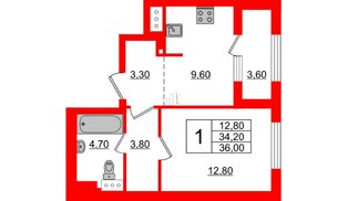 Квартира в ЖК 'Галактика', 1 комнатная, 36 м², 4 этаж