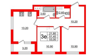 Квартира в ЖК 'Галактика', 2 комнатная, 53 м², 10 этаж