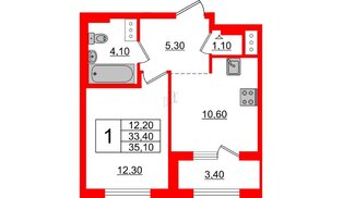 Квартира в ЖК 'Галактика', 1 комнатная, 34.8 м², 9 этаж