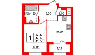 Квартира в ЖК 'Галактика', 1 комнатная, 34.7 м², 4 этаж