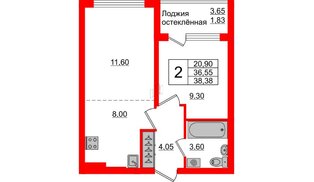 Квартира в ЖК Стерео-3, 2 комнатная, 38.38 м², 4 этаж