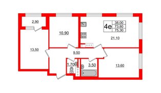 Квартира в ЖК 'Галактика', 3 комнатная, 75.3 м², 13 этаж
