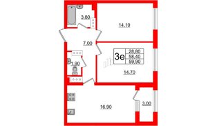 Квартира в ЖК 'Галактика', 2 комнатная, 59.9 м², 13 этаж