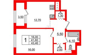 Квартира в ЖК 'Галактика', 1 комнатная, 43.4 м², 10 этаж
