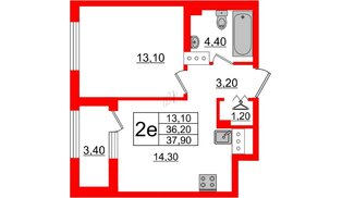Квартира в ЖК 'Галактика', 1 комнатная, 38 м², 7 этаж