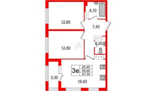 Квартира в ЖК 'Галактика', 2 комнатная, 57.3 м², 6 этаж