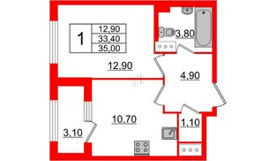Квартира в ЖК 'Галактика', 1 комнатная, 35 м², 4 этаж