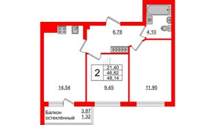Квартира в ЖК Стерео-3, 2 комнатная, 48.14 м², 3 этаж