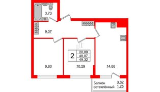 Квартира в ЖК Стерео-3, 2 комнатная, 49.32 м², 3 этаж