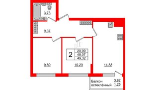 Квартира в ЖК Стерео-3, 2 комнатная, 49.32 м², 7 этаж