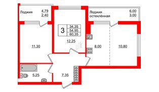 Квартира в ЖК Стерео-3, 2 комнатная, 60.35 м², 4 этаж