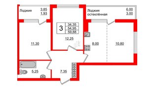 Квартира в ЖК Стерео-3, 2 комнатная, 60.35 м², 13 этаж