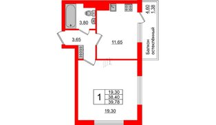 Квартира в ЖК Стерео-3, 1 комнатная, 39.78 м², 3 этаж