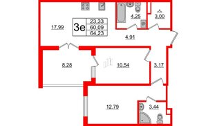 Квартира в ЖК «Новое Горелово», 2 комнатная, 64.23 м², 1 этаж