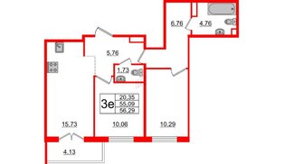 Квартира в ЖК «Новое Горелово», 2 комнатная, 56.29 м², 1 этаж