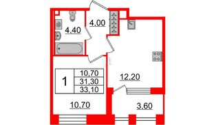 Квартира в ЖК Svetlana Park, 1 комнатная, 31.3 м², 2 этаж