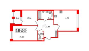 Квартира в ЖК «Svetlana Park», 2 комнатная, 66.1 м², 6 этаж