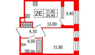 Квартира в ЖК Svetlana Park, 1 комнатная, 34.4 м², 2 этаж