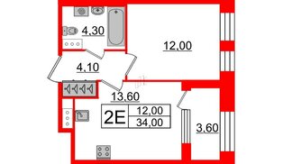 Квартира в ЖК «Svetlana Park», 1 комнатная, 34 м², 4 этаж